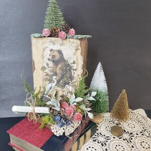 Beautiful Hand Crafted Woodland Christmas Assemblage Shelf Decor Bear Floral